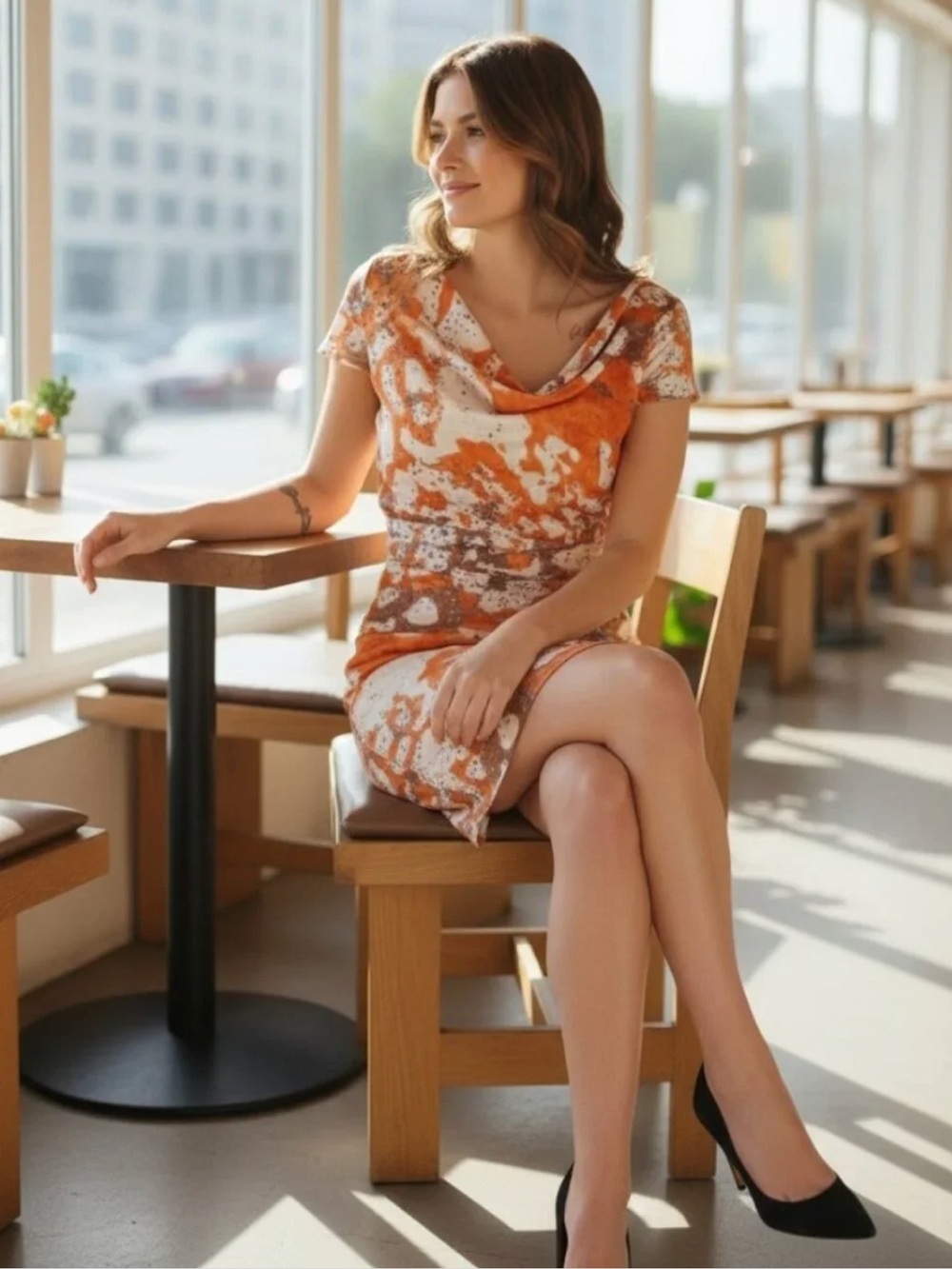 Marc New York Orange & White Abstract Cowl Neck Dress